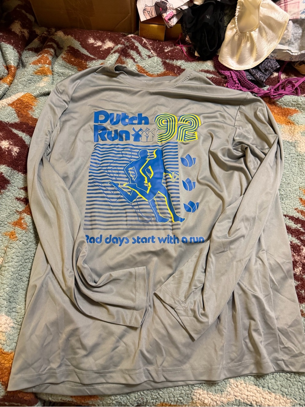 Dutch Bros Gray Long-Sleeve Shirt with Blue and Neon Yellow Graphics